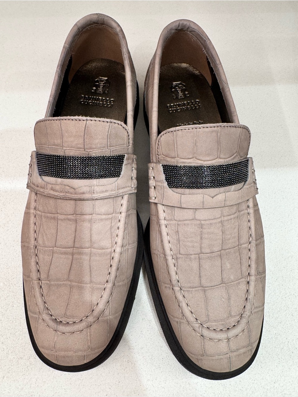 Women’s Nubuck Croc-Embossed Loafers in Taupe